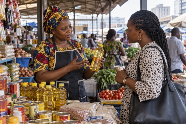Illustration d’une commerçante conseillant une cliente dans un marché en RDC.